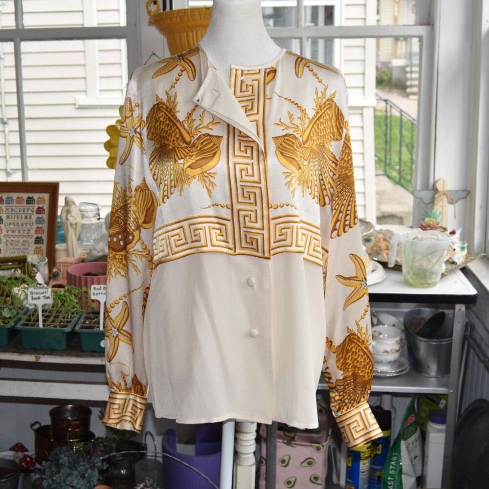 Vintage 90s Francesca Damon Silk Seashell Greek Key Blouse Size 8